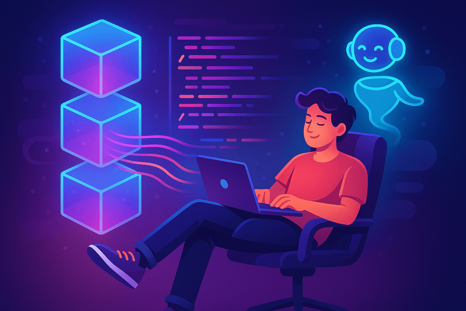 Developer working with database cubes and AI assistant - VibeDB concept illustration